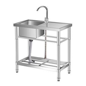 30" Freestanding Stainless Steel Utility Sink with Workbench, Hot/Cold 360° Faucet & Storage Shelf