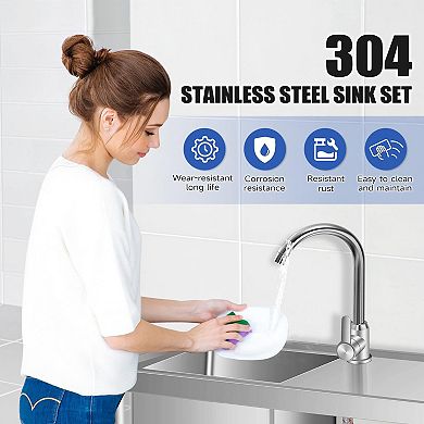30" Freestanding Stainless Steel Utility Sink with Workbench, Hot/Cold 360° Faucet & Storage Shelf