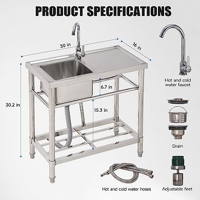 30" Freestanding Stainless Steel Utility Sink with Workbench, Hot/Cold 360° Faucet & Storage Shelf