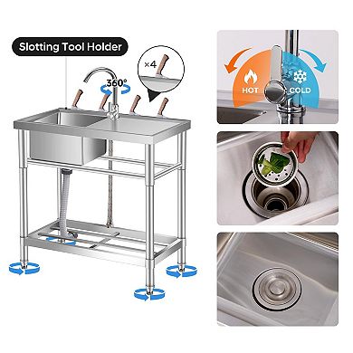 30" Freestanding Stainless Steel Utility Sink with Workbench, Hot/Cold 360° Faucet & Storage Shelf