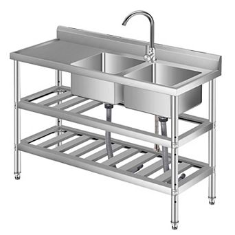 47" Stainless Steel Utility Sink with Workbench, Freestanding Double Bowl w/Hot/Cold 360° Faucet
