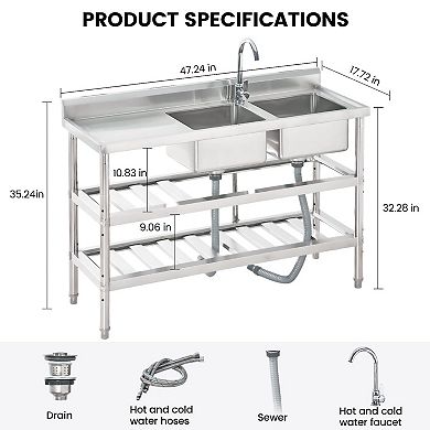 47" Stainless Steel Utility Sink with Workbench, Freestanding Double Bowl w/Hot/Cold 360° Faucet