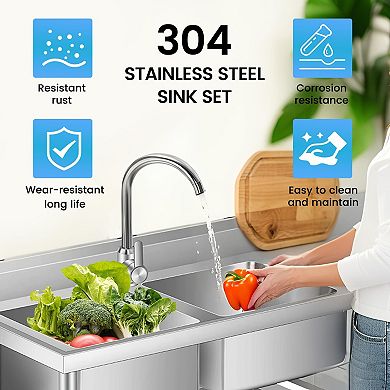 47" Stainless Steel Utility Sink with Workbench, Freestanding Double Bowl w/Hot/Cold 360° Faucet