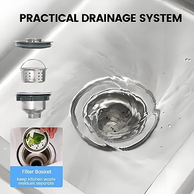 47" Stainless Steel Utility Sink with Workbench, Freestanding Double Bowl w/Hot/Cold 360° Faucet