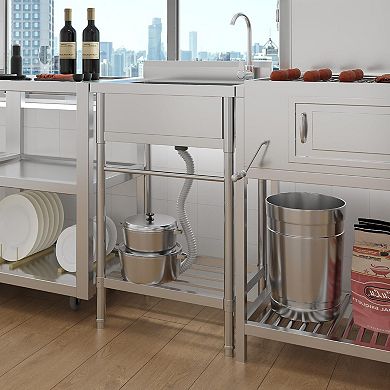 24x20x41" Freestanding Stainless Steel Utility Sink, Hot/Cold Faucet, Backsplash & Storage Shelf