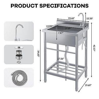 24x20x41" Freestanding Stainless Steel Utility Sink, Hot/Cold Faucet, Backsplash & Storage Shelf