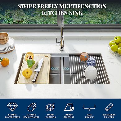 33" x 19" x 10" Undermount Workstation Sink, 304 Stainless Steel Double Bowl w/Grid & Drain Kit