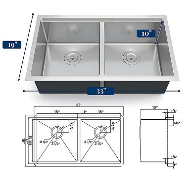 33" x 19" x 10" Undermount Workstation Sink, 304 Stainless Steel Double Bowl w/Grid & Drain Kit