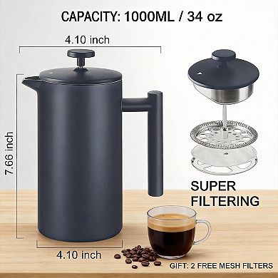 34oz French Press Coffee Maker 304 Stainless Steel Insulated with Extra Screens