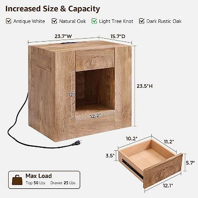 24" Rustic Nightstand with Charging Station Drawer Storage 2pcs