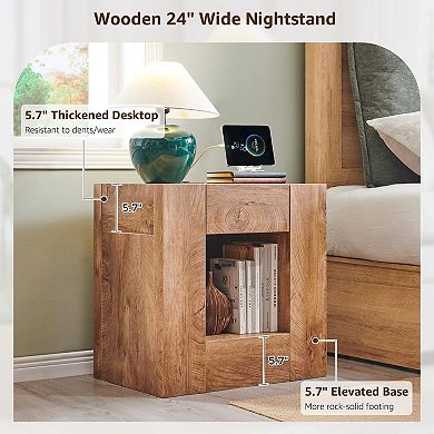 24" Rustic Nightstand with Charging Station Drawer Storage 2pcs