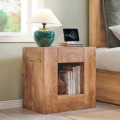 24" Rustic Nightstand with Charging Station Drawer Storage 2pcs
