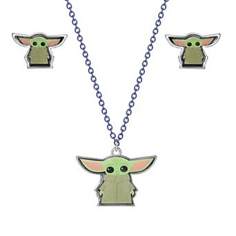 Disney Star Wars The Mandalorian Grogu Fashion Stud Earrings and Necklace Set, Officially Licensed