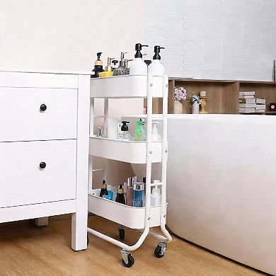 Slim 3-Tier Rolling Cart Metal Organizer with Hooks for Bathroom Kitchen