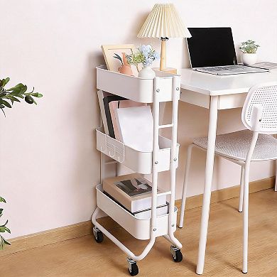 Slim 3-Tier Rolling Cart Metal Organizer with Hooks for Bathroom Kitchen
