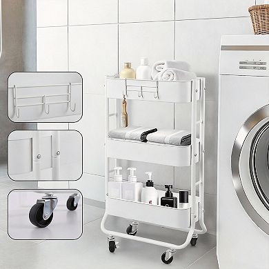 Slim 3-Tier Rolling Cart Metal Organizer with Hooks for Bathroom Kitchen