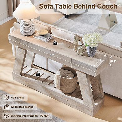 60" Farmhouse Entryway Console Table with Drawer 2 tiers