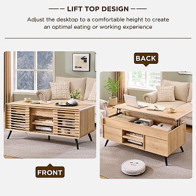 Lift Top Coffee Table Sliding Slatted Door Hidden Storage Adjustable Shelf
