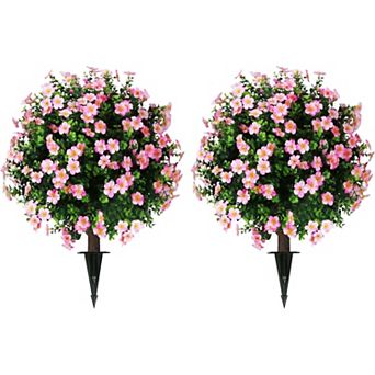 Set of 2 Artificial Boxwood Topiary Ball Trees with Pink Flower for Indoor, Garden, Porch, Patio