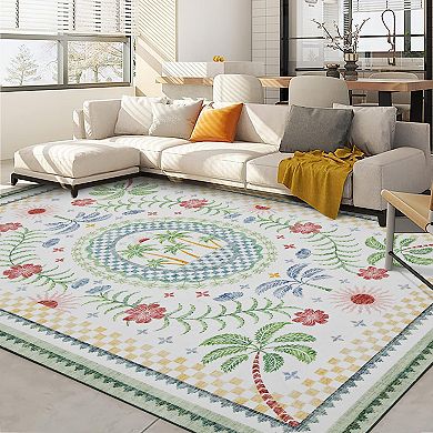 Beach Style Botanical Pattern Area Rug Non-Slip Soft Bedroom Living Room