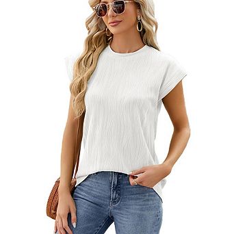 Women's Ribbed Knit Crew Neck Cap Sleeve Loose Fit Casual T-Shirt Top