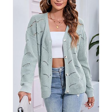 Women's V-Neck Open Knit Cardigan Button Front Casual Scalloped Pattern Sweater with Side Pockets