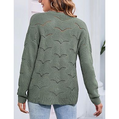 Women's V-Neck Open Knit Cardigan Button Front Casual Scalloped Pattern Sweater with Side Pockets