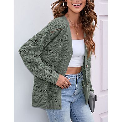Women's V-Neck Open Knit Cardigan Button Front Casual Scalloped Pattern Sweater with Side Pockets