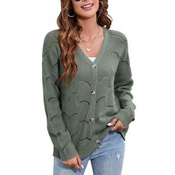 Women's V-Neck Open Knit Cardigan Button Front Casual Scalloped Pattern Sweater with Side Pockets