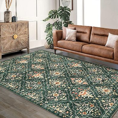 Vintage Area Rug Elegant Floral Pattern,Durable Stain-Resistant Fabric
