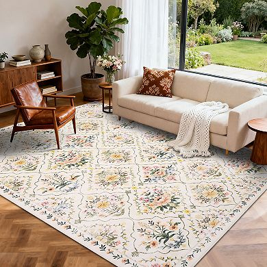Vintage Area Rug Elegant Floral Pattern,Durable Stain-Resistant Fabric