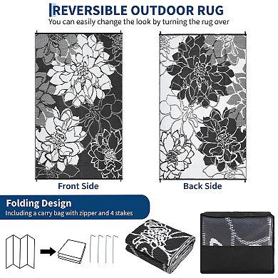 Garvee Waterproof Modern Big Flower Pattern Outdoor Rug Reversible Rug for Patio Pool Gardern
