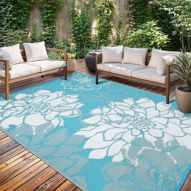 Garvee Waterproof Modern Big Flower Pattern Outdoor Rug Reversible Rug for Patio Pool Gardern