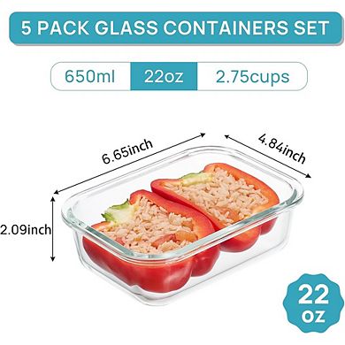 5-Pack 22oz Glass Food Storage Containers with Airtight Lids