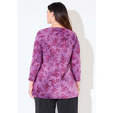 Catherines Women's Plus Size Flocked Tie-Dye V-Neck Tunic