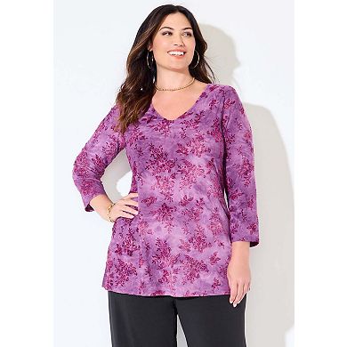 Catherines Women's Plus Size Flocked Tie-Dye V-Neck Tunic