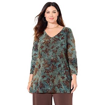 Catherines Women's Plus Size Flocked Tie-Dye V-Neck Tunic