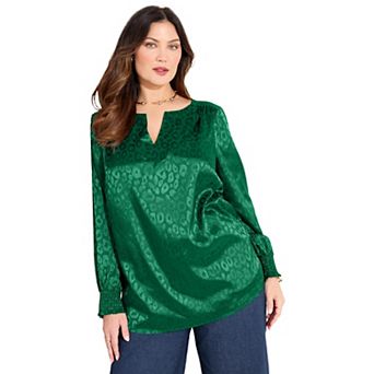 Catherines Women's Plus Size Satin Jacquard Peasant Blouse