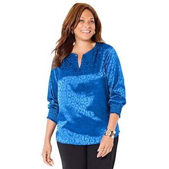Catherines Women's Plus Size Satin Jacquard Peasant Blouse