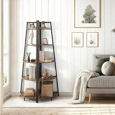 Five-tier corner shelf farmhouse display bookshelf and storage rack, with metal frame
