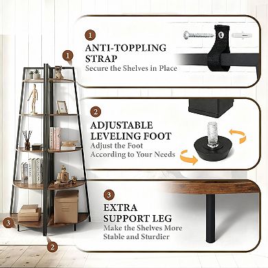 Five-tier corner shelf farmhouse display bookshelf and storage rack, with metal frame