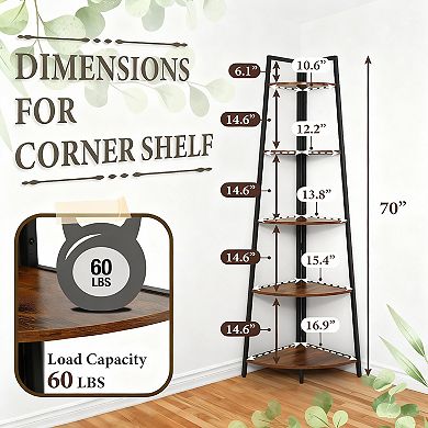 Five-tier corner shelf farmhouse display bookshelf and storage rack, with metal frame