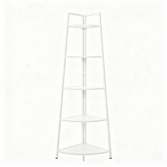 Five-tier corner shelf farmhouse display bookshelf and storage rack, with metal frame