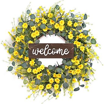 24" Yellow Daisy Eucalyptus Wreath for Front Door, Farmhouse Welcome Sign Decor
