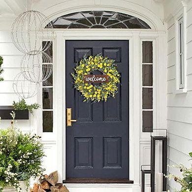 24" Yellow Daisy Eucalyptus Wreath for Front Door, Farmhouse Welcome Sign Decor