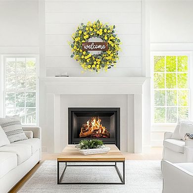 24" Yellow Daisy Eucalyptus Wreath for Front Door, Farmhouse Welcome Sign Decor