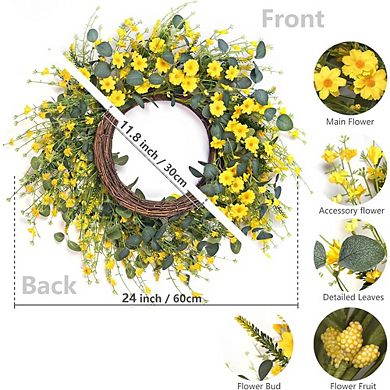 24" Yellow Daisy Eucalyptus Wreath for Front Door, Farmhouse Welcome Sign Decor