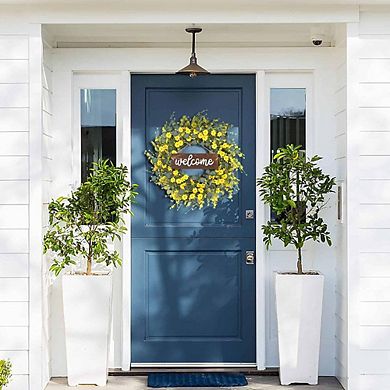 24" Yellow Daisy Eucalyptus Wreath for Front Door, Farmhouse Welcome Sign Decor