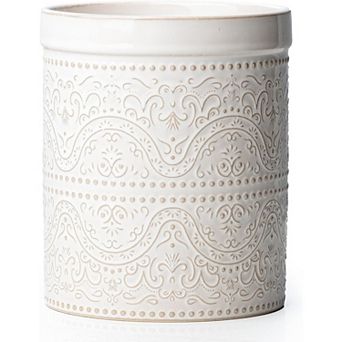 Ceramic Kitchen Utensil Holder with Lace Emboss for Countertop Decor