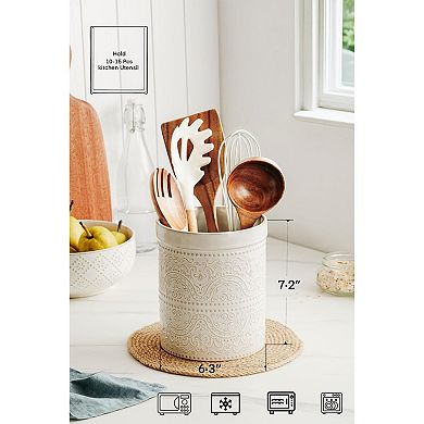 Ceramic Kitchen Utensil Holder with Lace Emboss for Countertop Decor